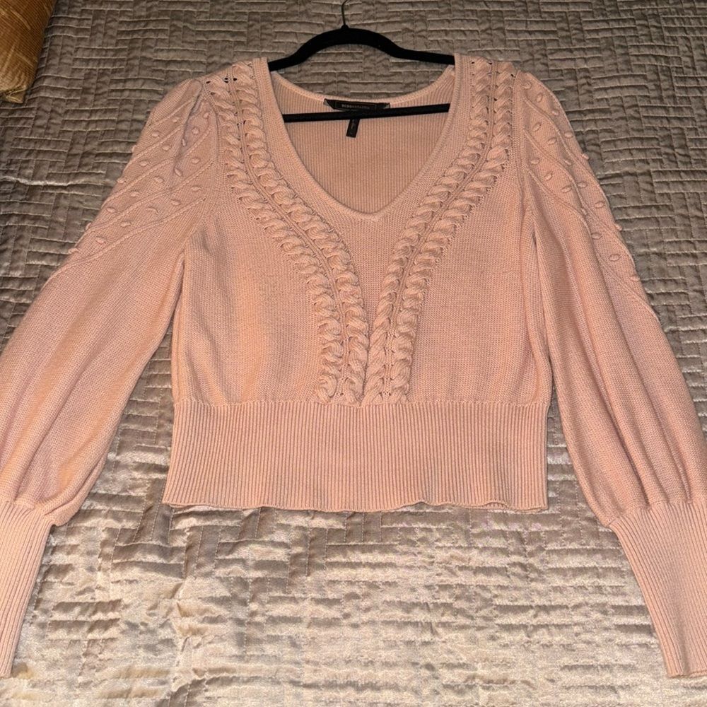 BCBGMAXAZRIA Women's Bishop Sleeve Cable Sweater